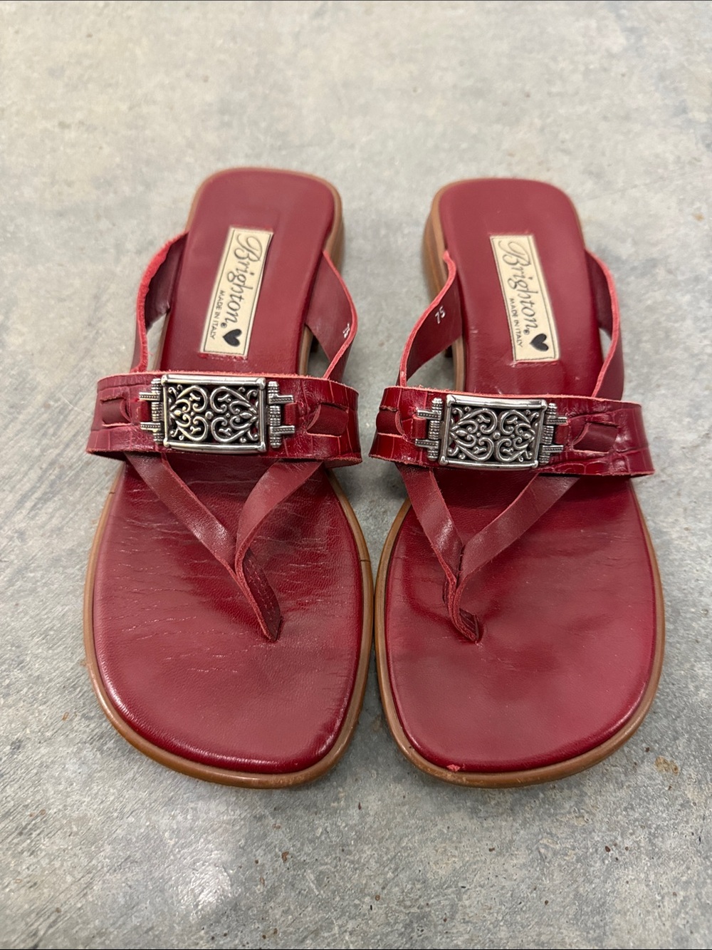 Brighton Vintage Red Leather Decorative-Buckle Thong Sandals